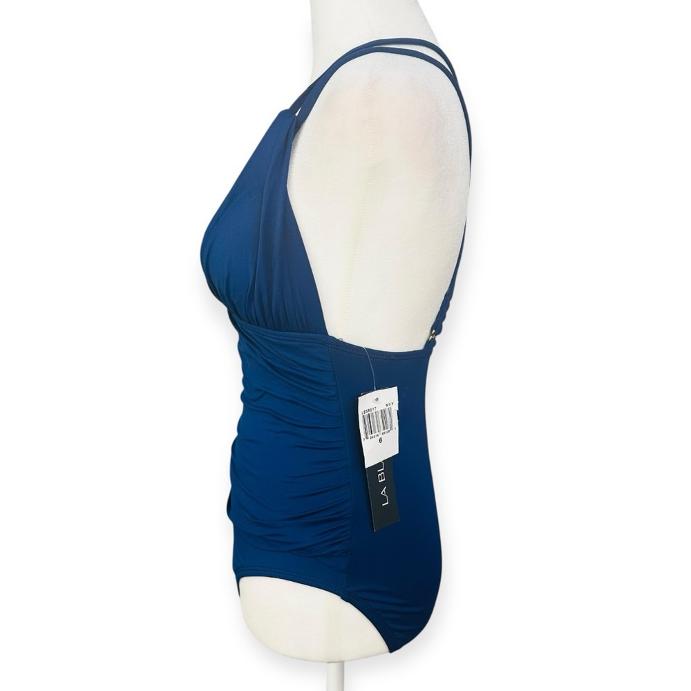 La Blanca Ruched Front Cross Back One Piece Swimsuit Indigo Blue NEW Size 6 - Picture 5 of 10